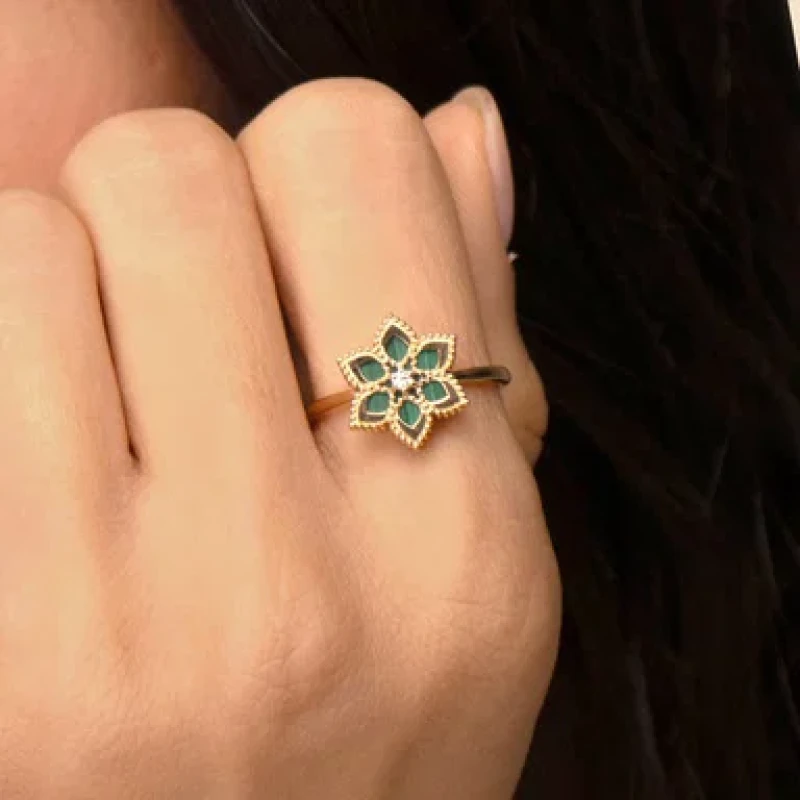 9K Lucky Malachite Diamond Ring 7