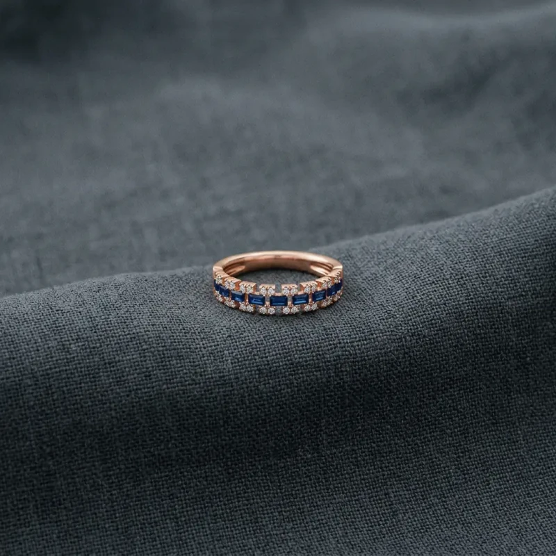 9K Gold Blue Sapphire & Diamond Double Row Ring 2