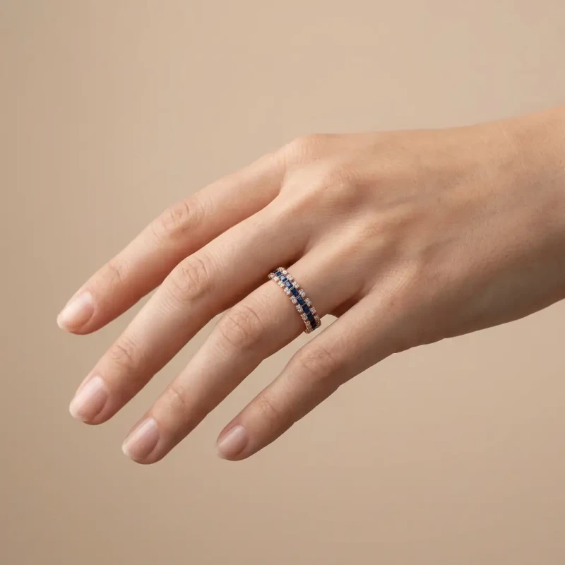 9K Gold Blue Sapphire & Diamond Double Row Ring 3
