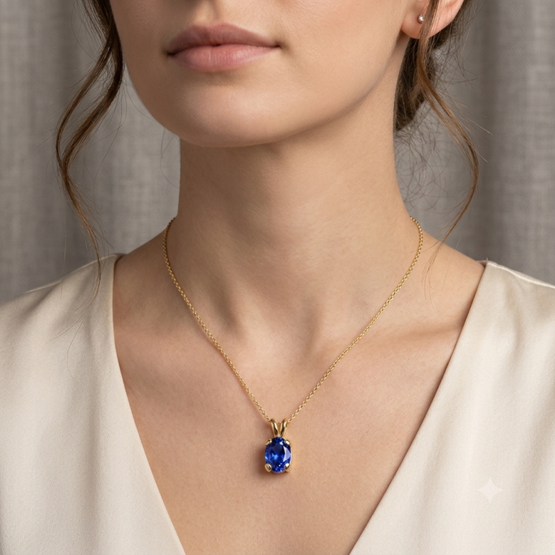 9K Gold Oval Blue Sapphire Pendant 7