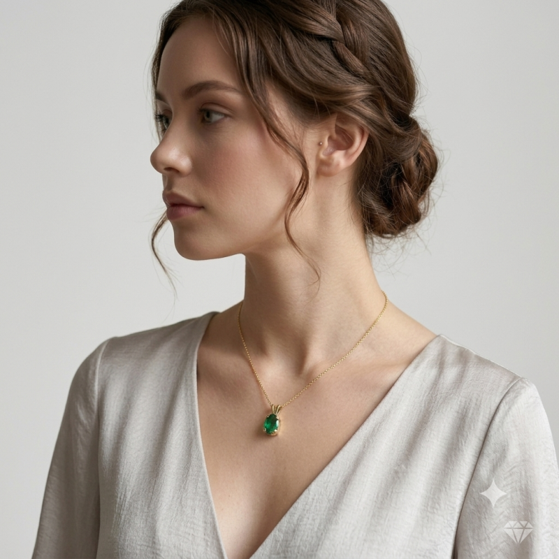 9K Gold Oval Green Emerald Pendant 6