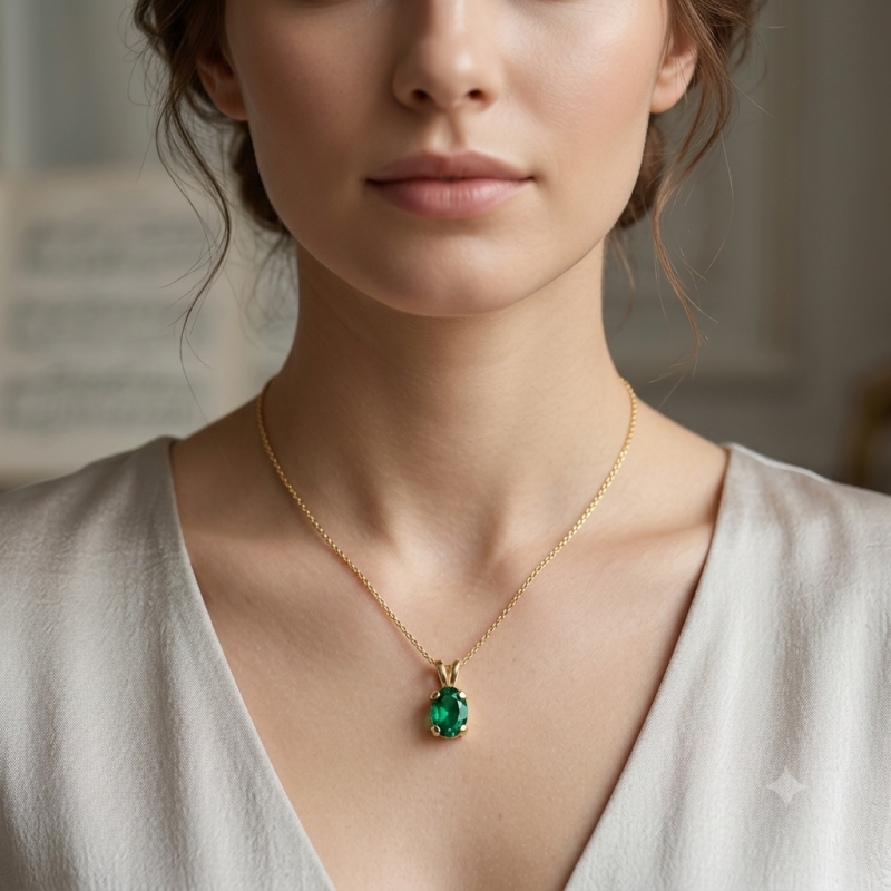 9K Gold Oval Green Emerald Pendant 7