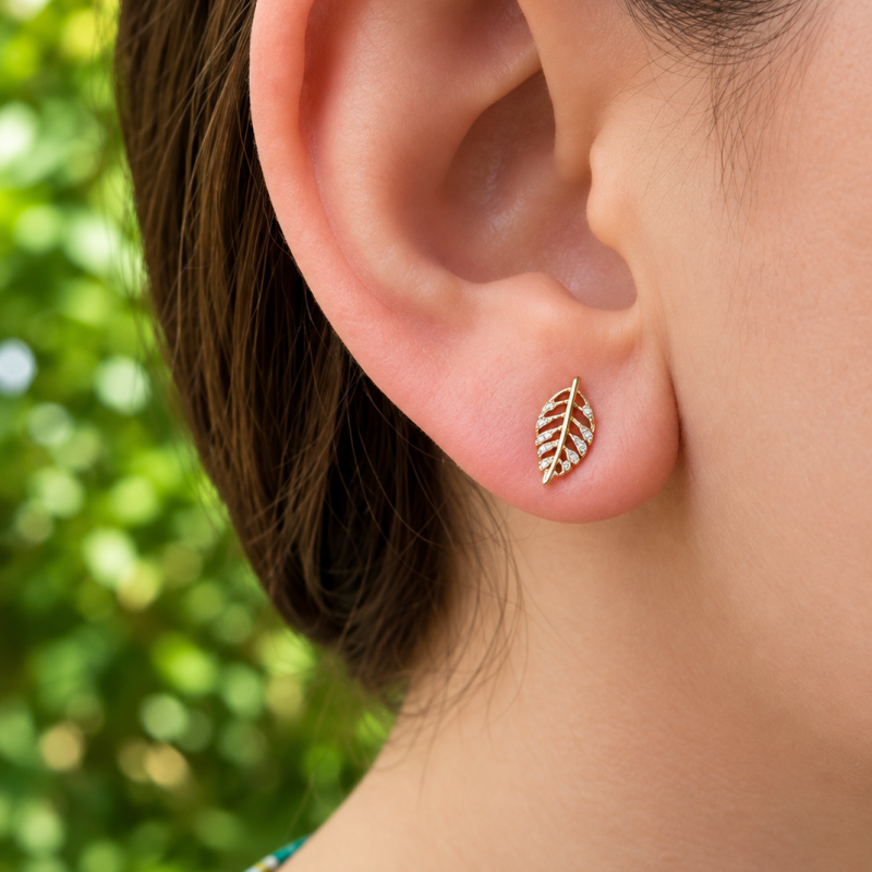 9K Leaf Stud Earrings 2