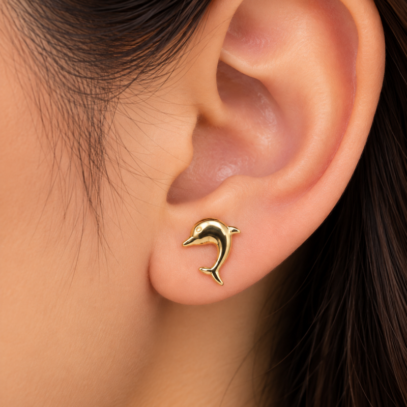 9K Dainty Gold Dolphin Stud Earrings 2