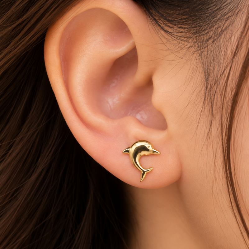 9K Dainty Gold Dolphin Stud Earrings 3