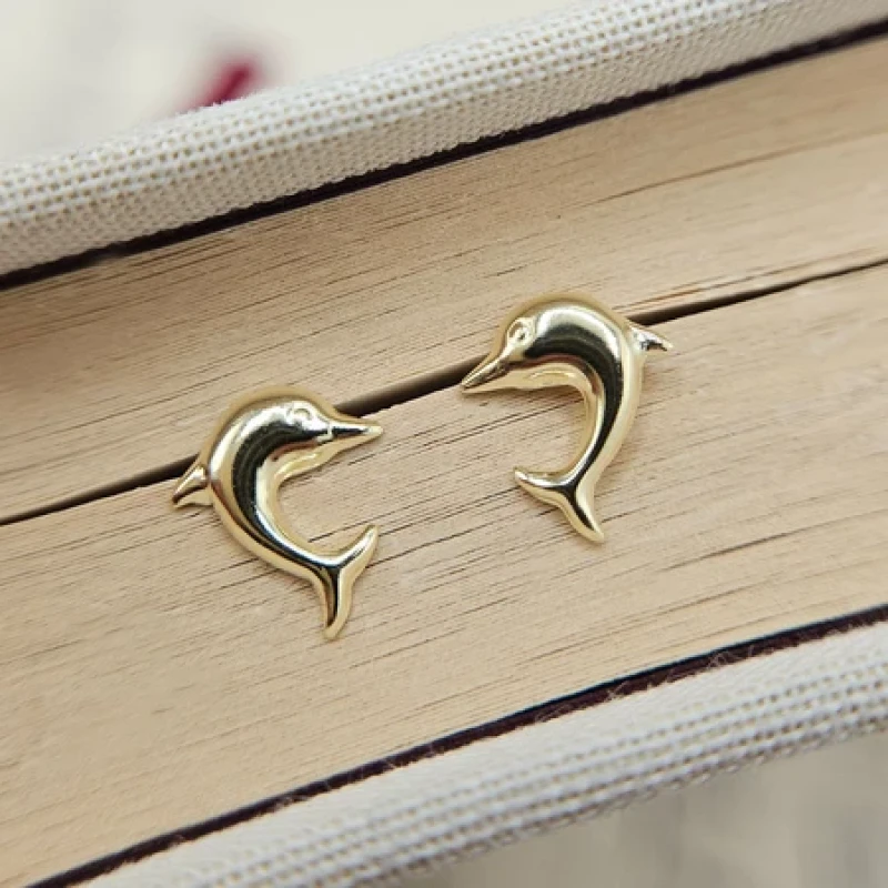 9K Dainty Gold Dolphin Stud Earrings 4