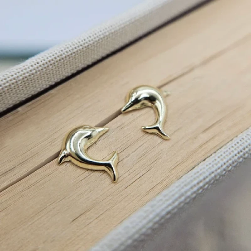 9K Dainty Gold Dolphin Stud Earrings 5