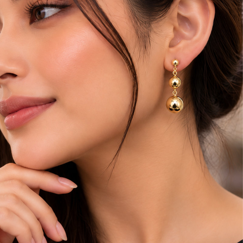 9K Triple Ball Drop Earrings 2
