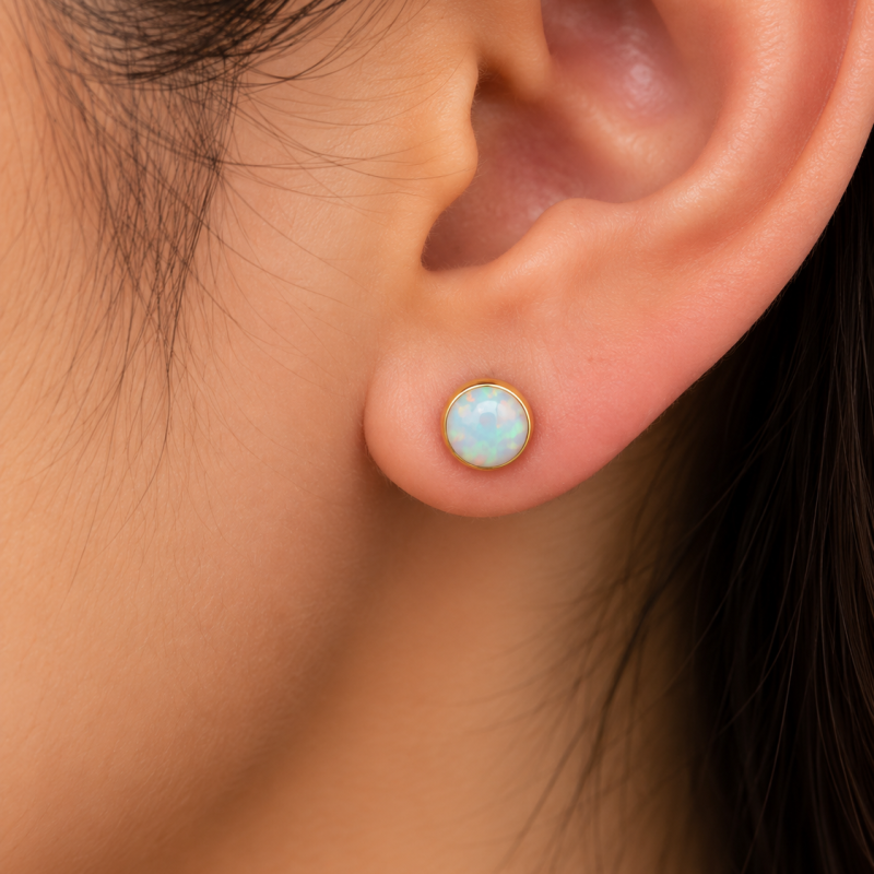 9K Small Round Opal Stud Earrings 2