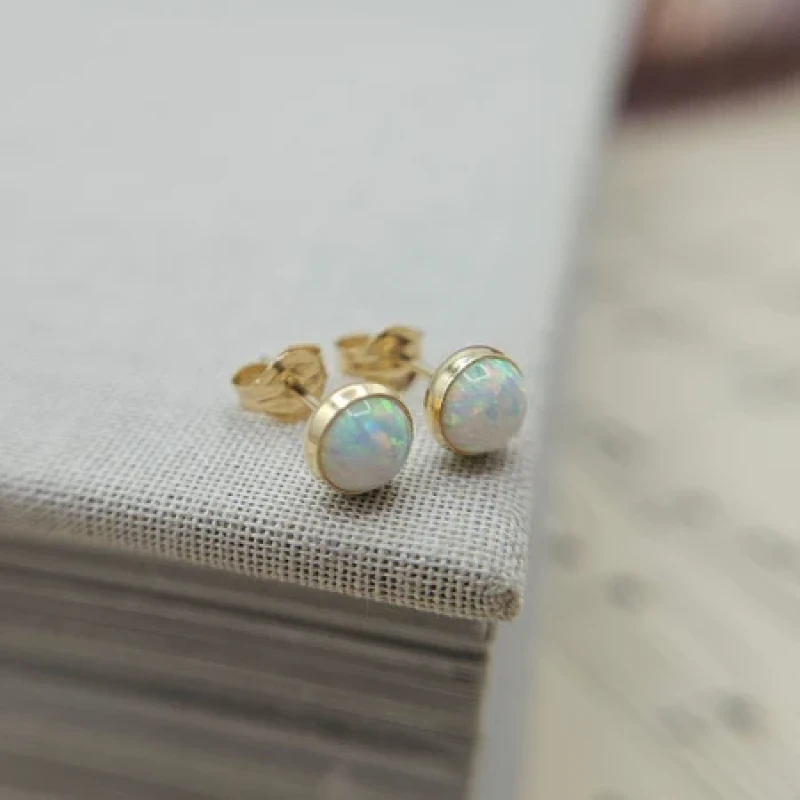 9K Small Round Opal Stud Earrings 4
