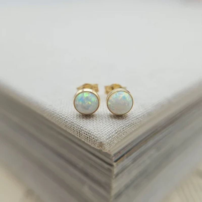9K Small Round Opal Stud Earrings 6
