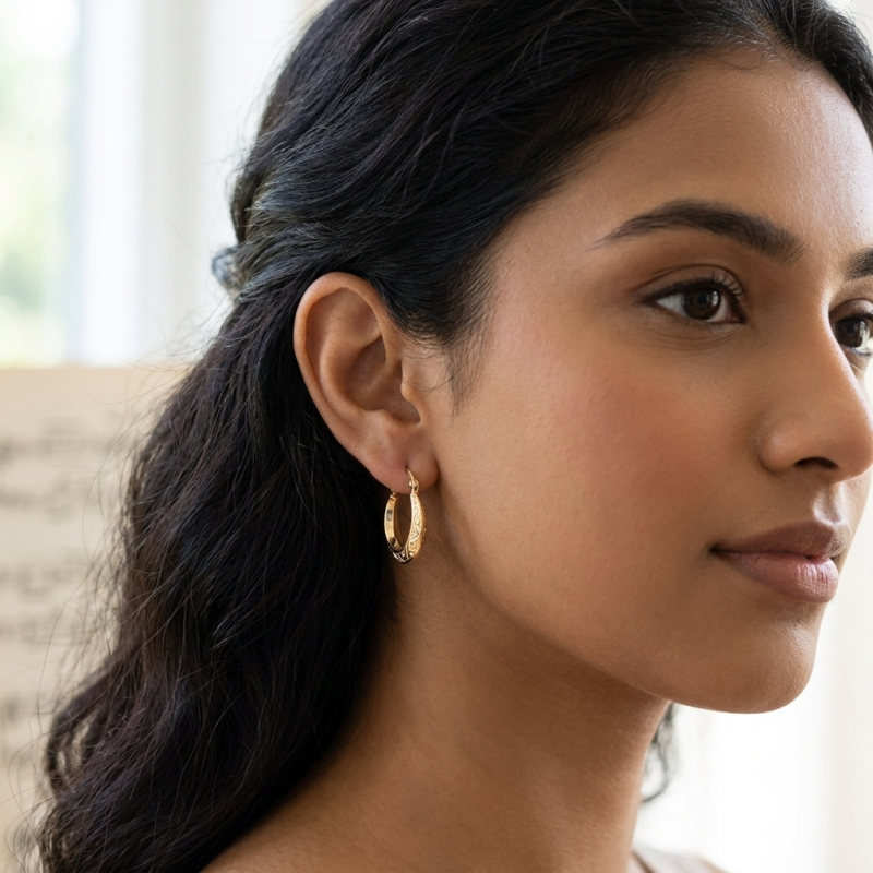 9K Dainty Gold Engraved Creole Earrings 2