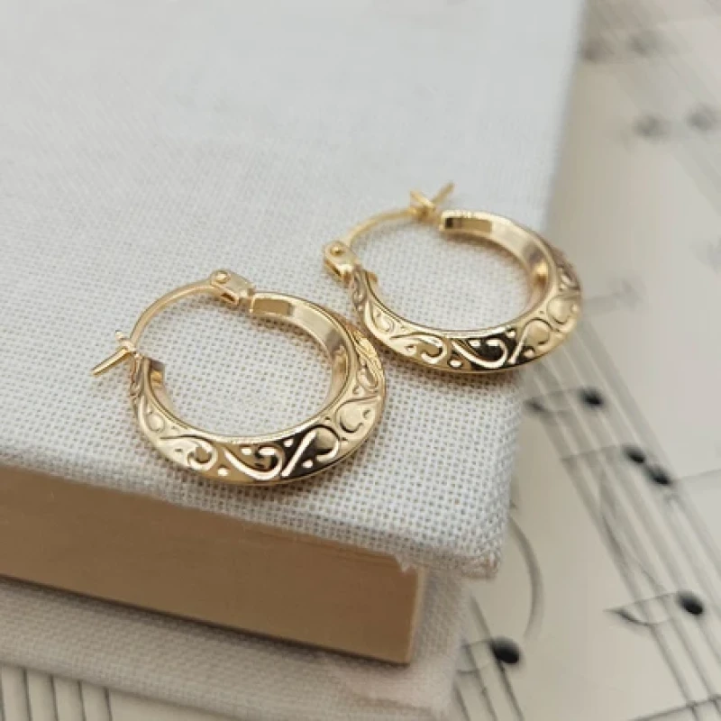 9K Dainty Gold Engraved Creole Earrings 3
