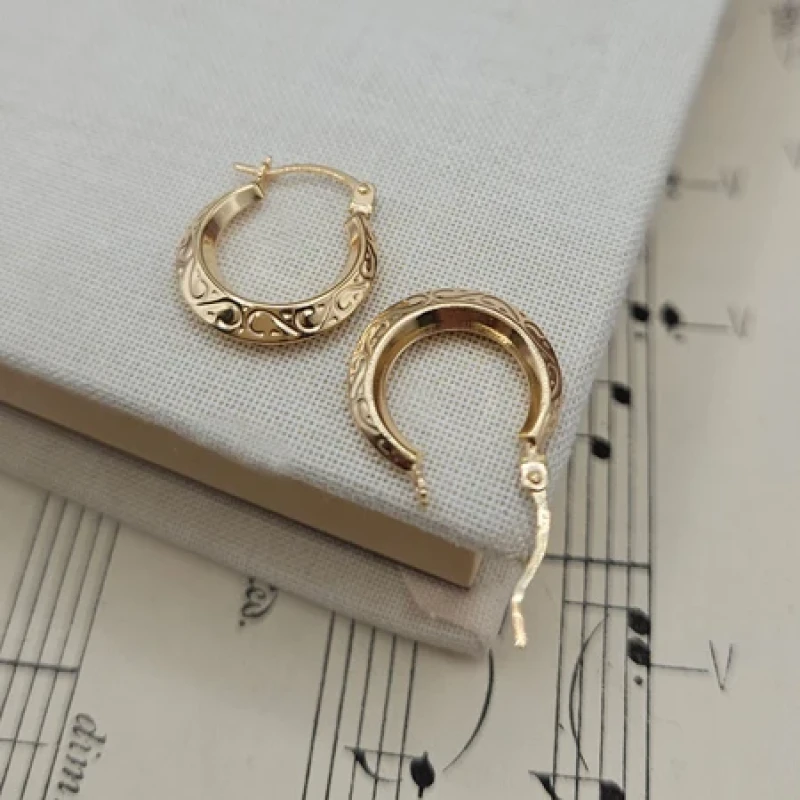 9K Dainty Gold Engraved Creole Earrings 4