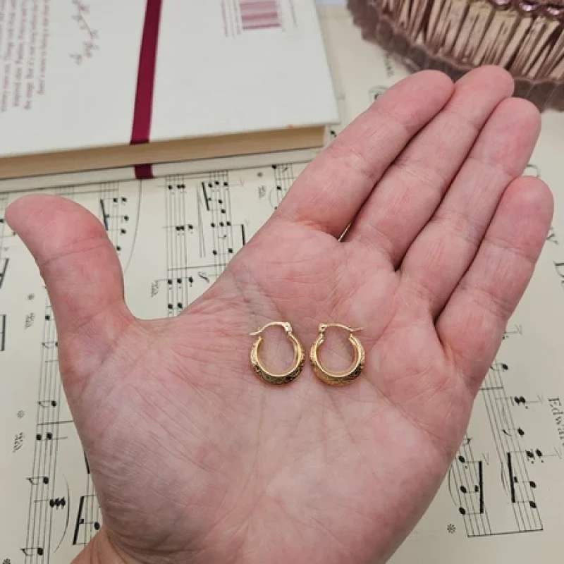9K Dainty Gold Engraved Creole Earrings 5