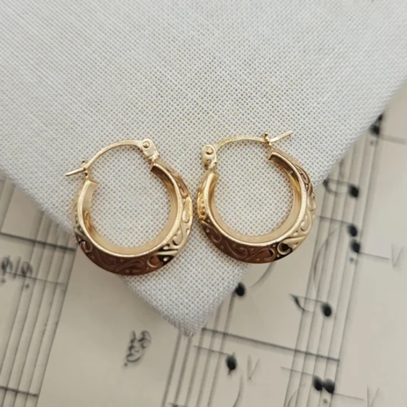 9K Dainty Gold Engraved Creole Earrings 6