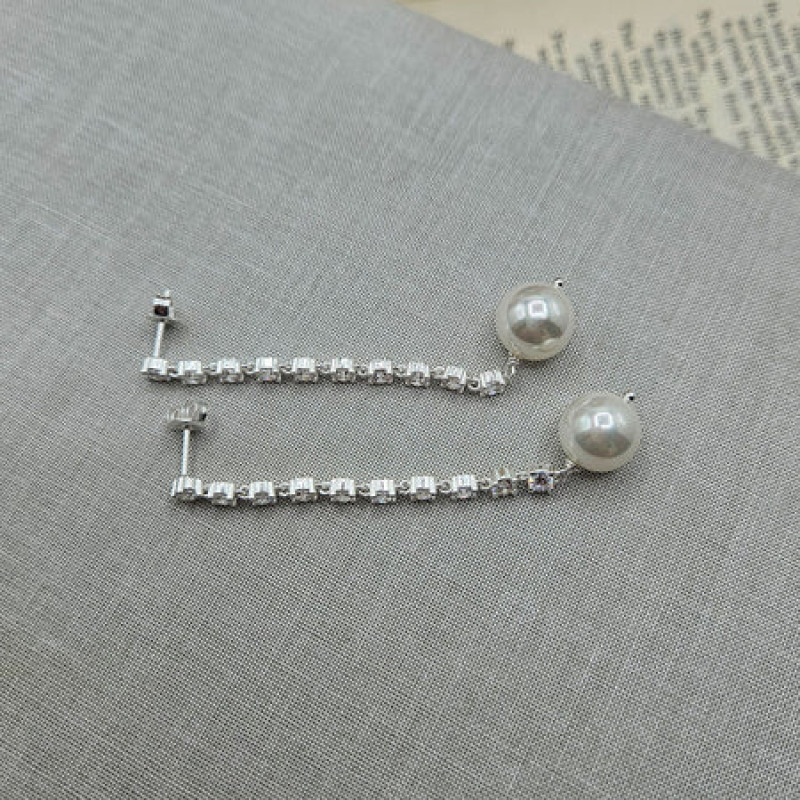 9K Pearl Korean Diamond Long Drop Earrings 2