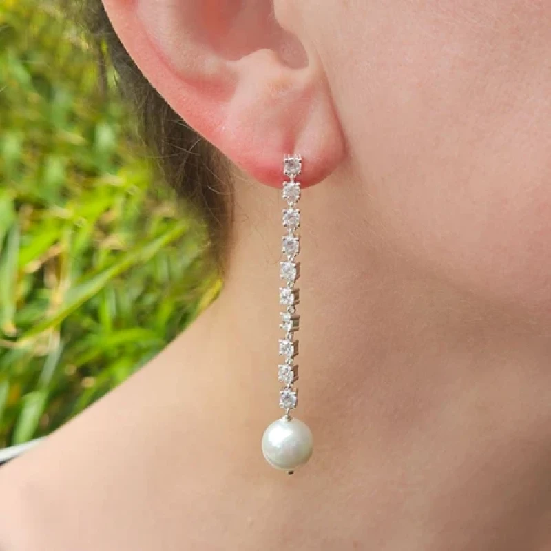 9K Pearl Korean Diamond Long Drop Earrings 3