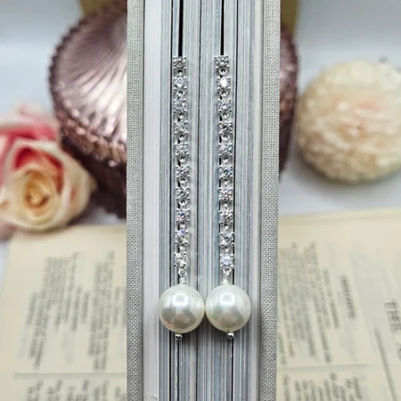 9K Pearl Korean Diamond Long Drop Earrings 4