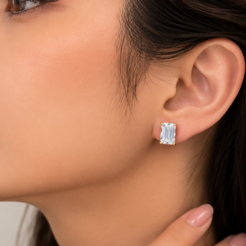 9K Emerald Cut Korean Diamond Stud Earrings 2