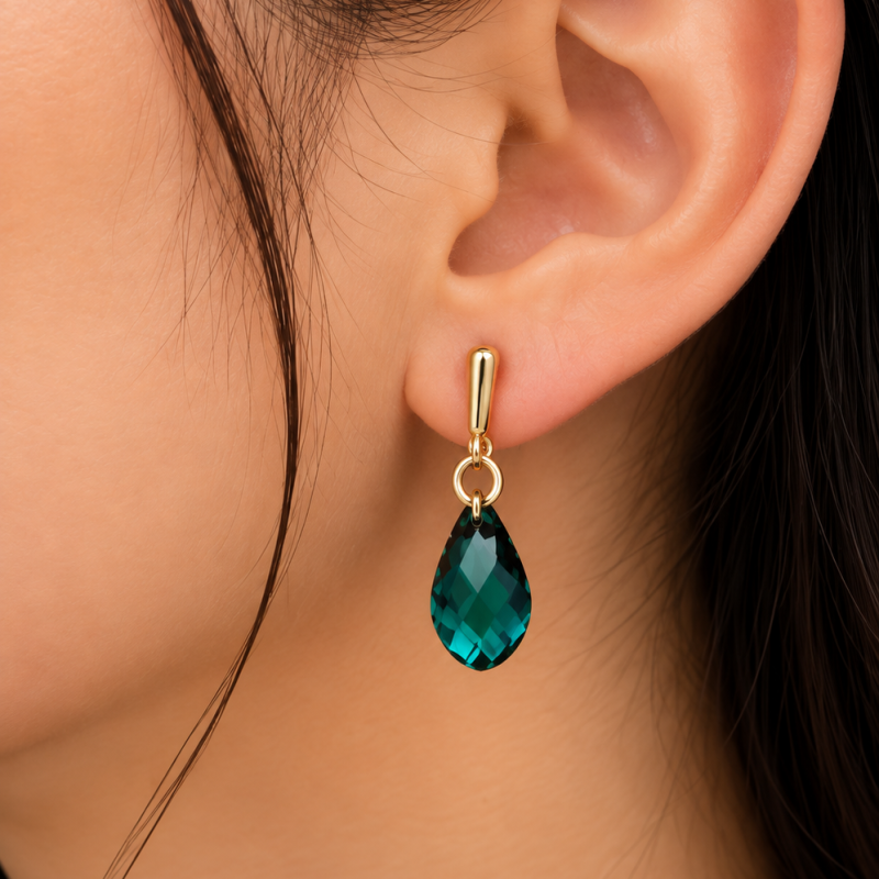 9K Gold Green Crystal Teardrop Earrings 2