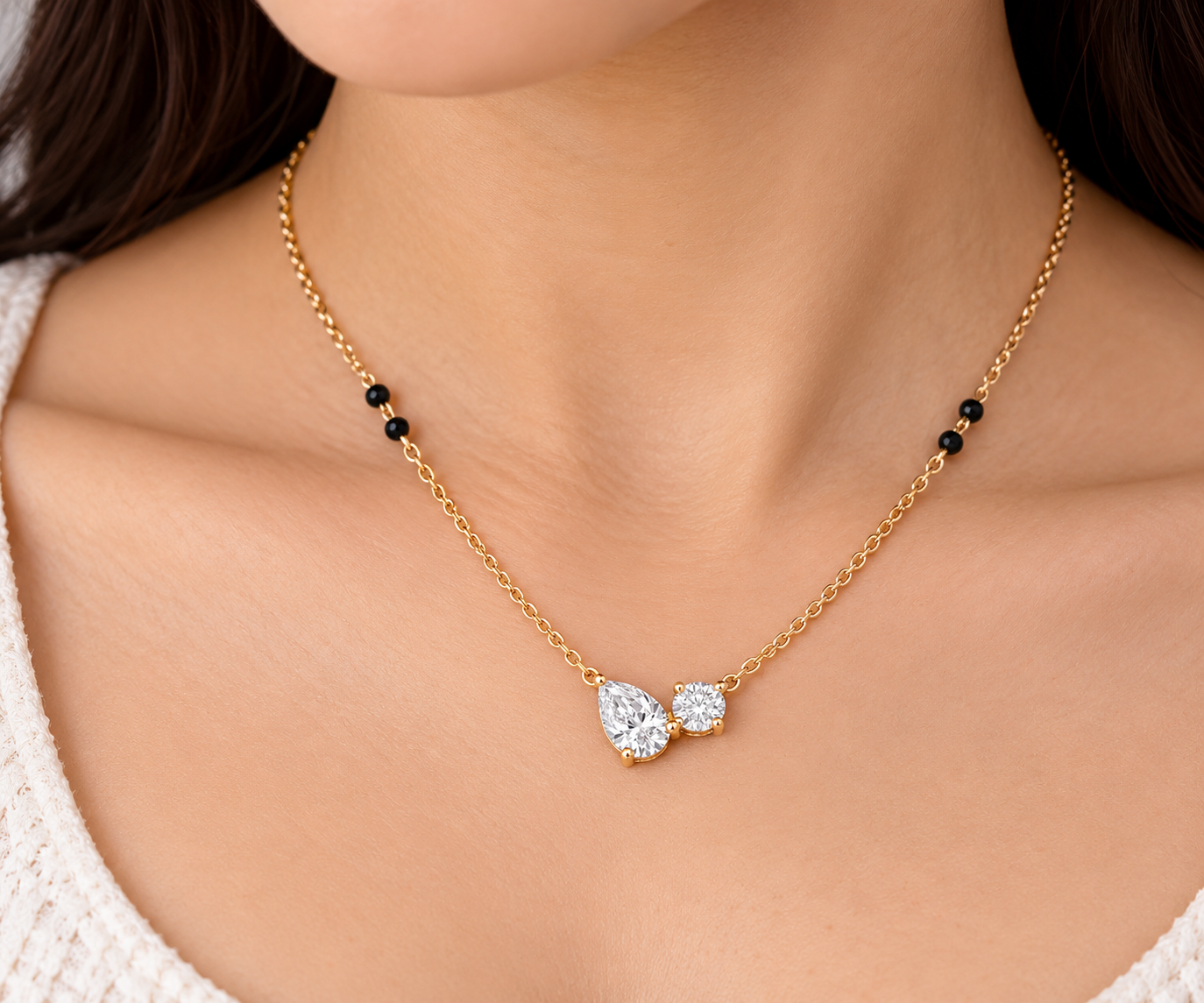 9KT Gold Toi et Moi Pear and Round Diamond Mangalsutra 4