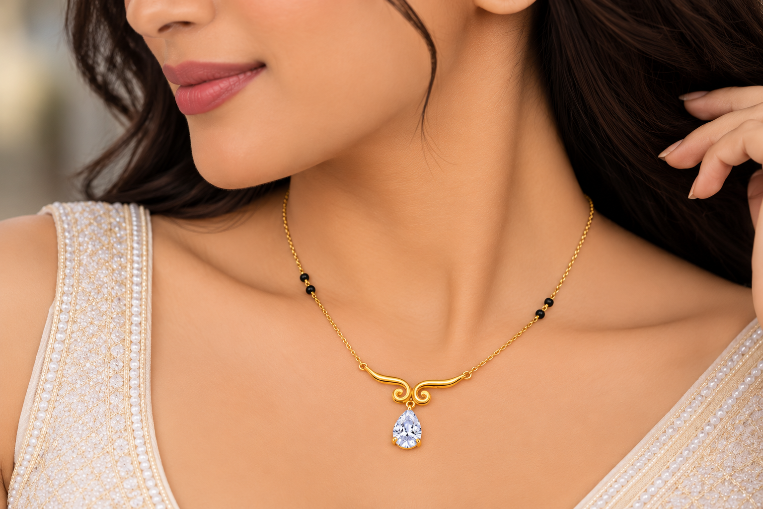 9KT Gold Teardrop Diamond Mangalsutra for Women 2