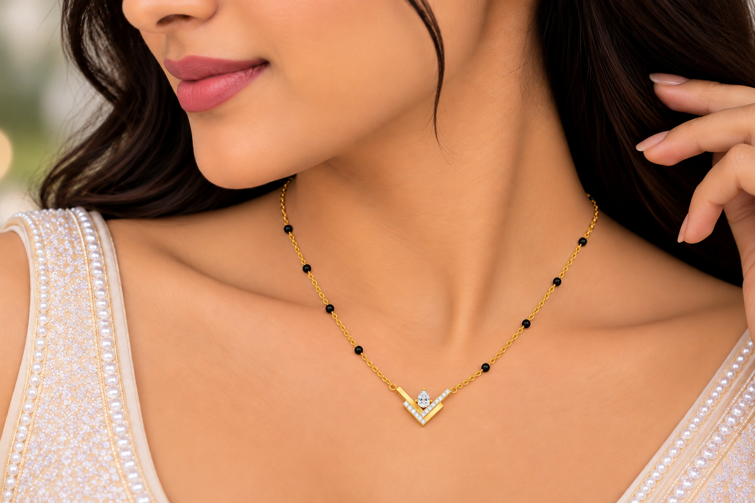 9KT Gold V-Shaped Diamond Mangalsutra for Women 2