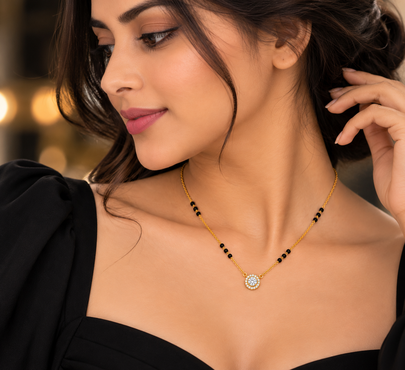 9KT Gold Solitaire Halo Diamond Mangalsutra for Women 3