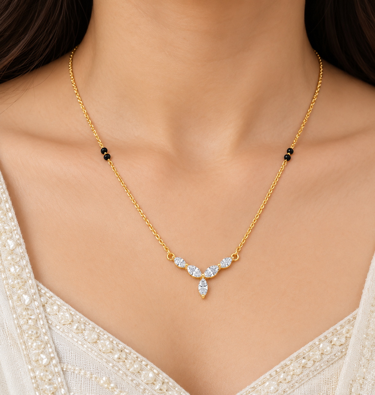 9KT Gold Marquise Diamond V-Shaped Mangalsutra for Women 2