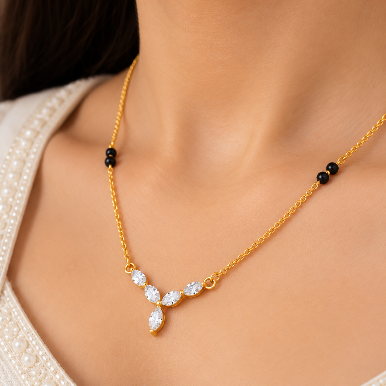 9KT Gold Marquise Diamond V-Shaped Mangalsutra for Women 4