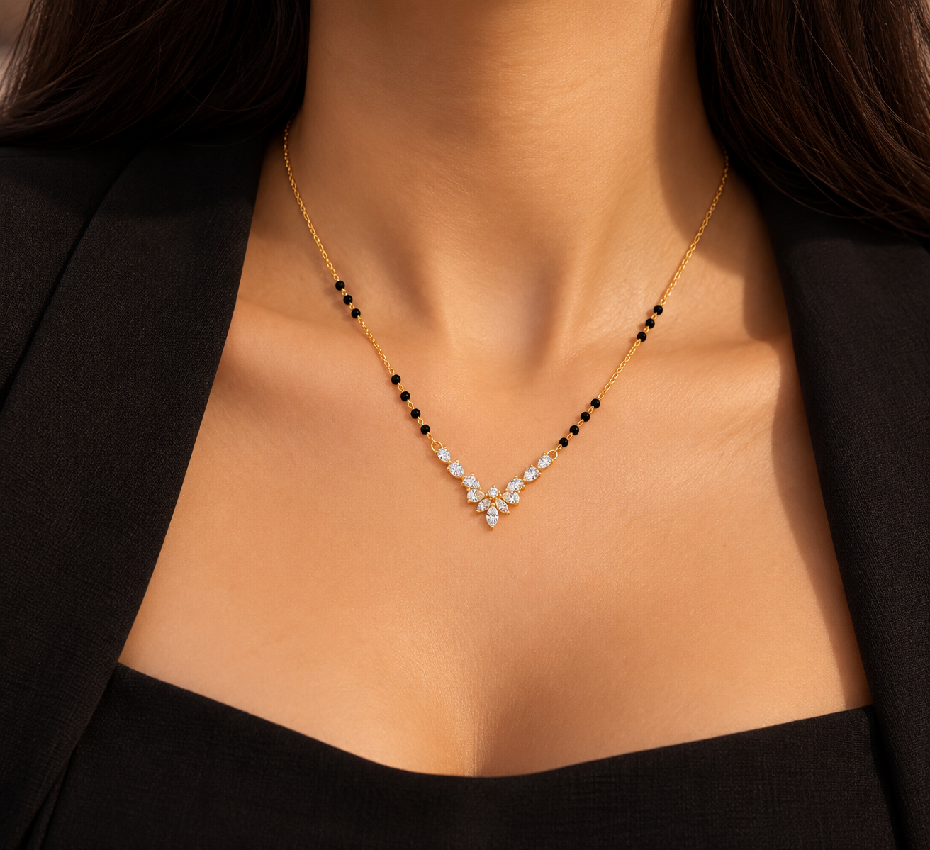 9KT Gold Floral Marquise Diamond Mangalsutra for Women 2