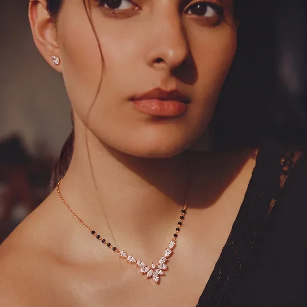 9KT Gold Floral Marquise Diamond Mangalsutra for Women 4