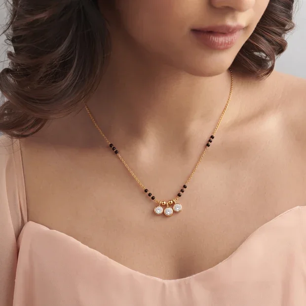 9KT Gold Three-Stone Solitaire Charm Mangalsutra for Women 2