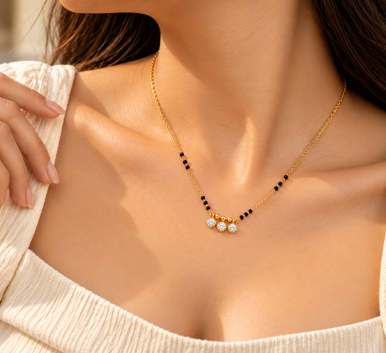 9KT Gold Three-Stone Solitaire Charm Mangalsutra for Women 3