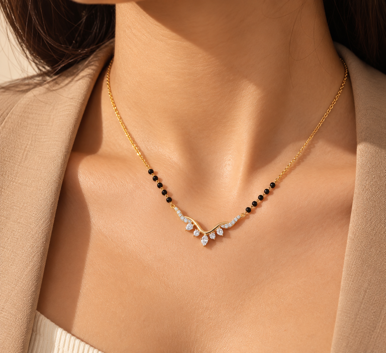 9KT Gold Chevron Diamond Tiara Mangalsutra for Women 2