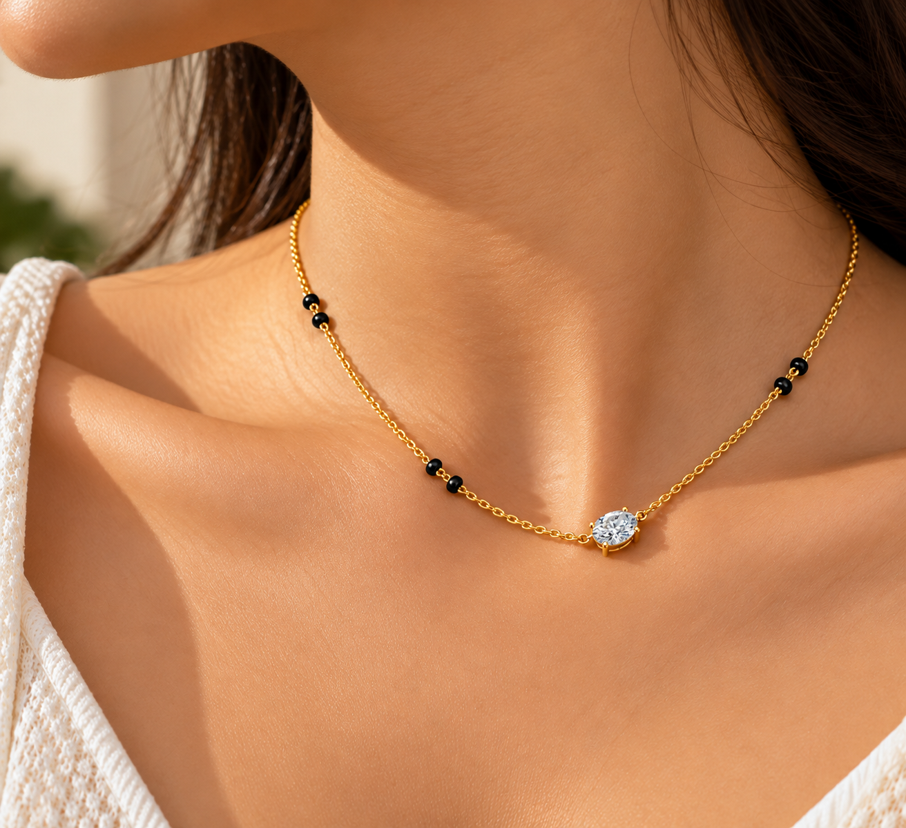 9KT Gold Oval Solitaire Diamond Mangalsutra for Women 2