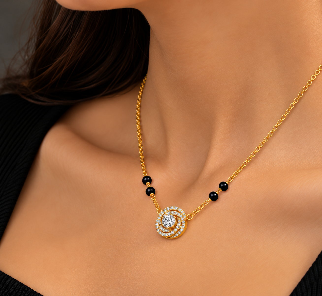 9KT Gold Swirl Solitaire Mangalsutra for Women 3