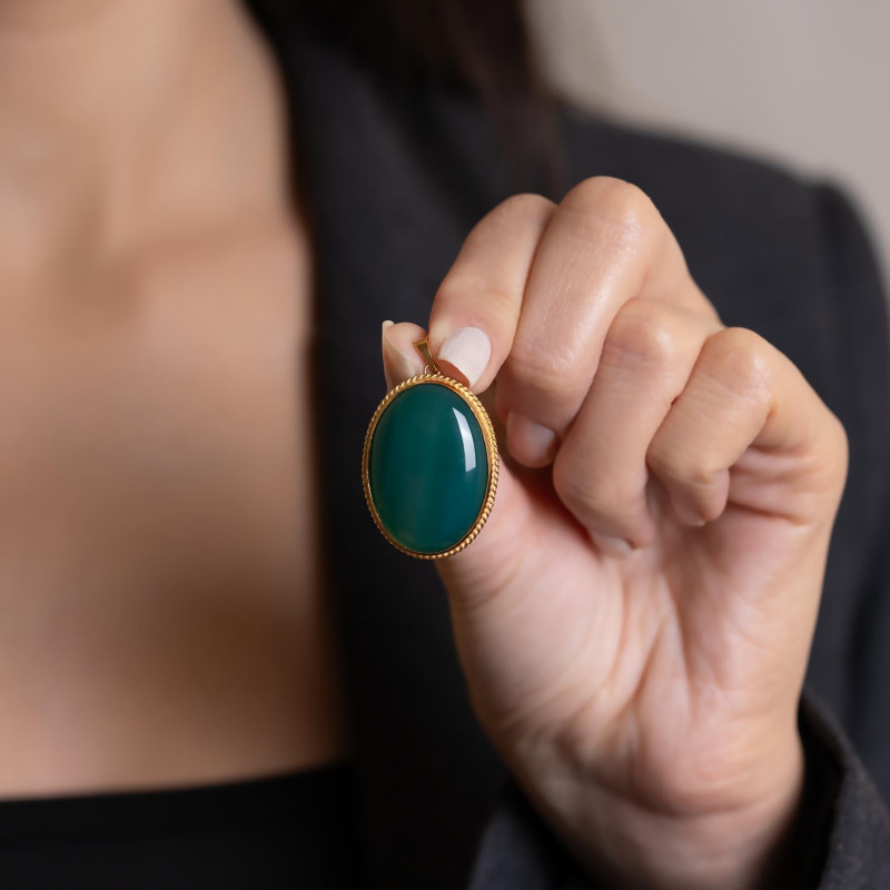 9K Gold Handcrafted Large Pendant with Green Agate Stone