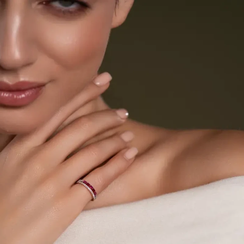 9K Rose Gold Ruby & Diamond Double Row Ring 1