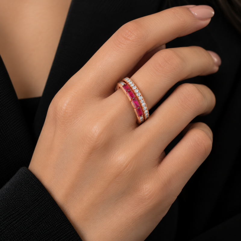9K Rose Gold Ruby & Diamond Double Row Ring 6