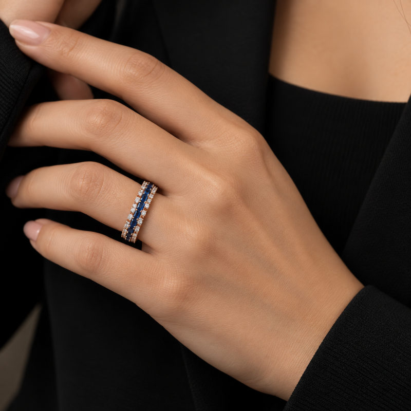 9K Gold Blue Sapphire & Diamond Double Row Ring 7