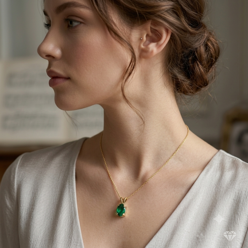 9K Gold Oval Green Emerald Pendant 1