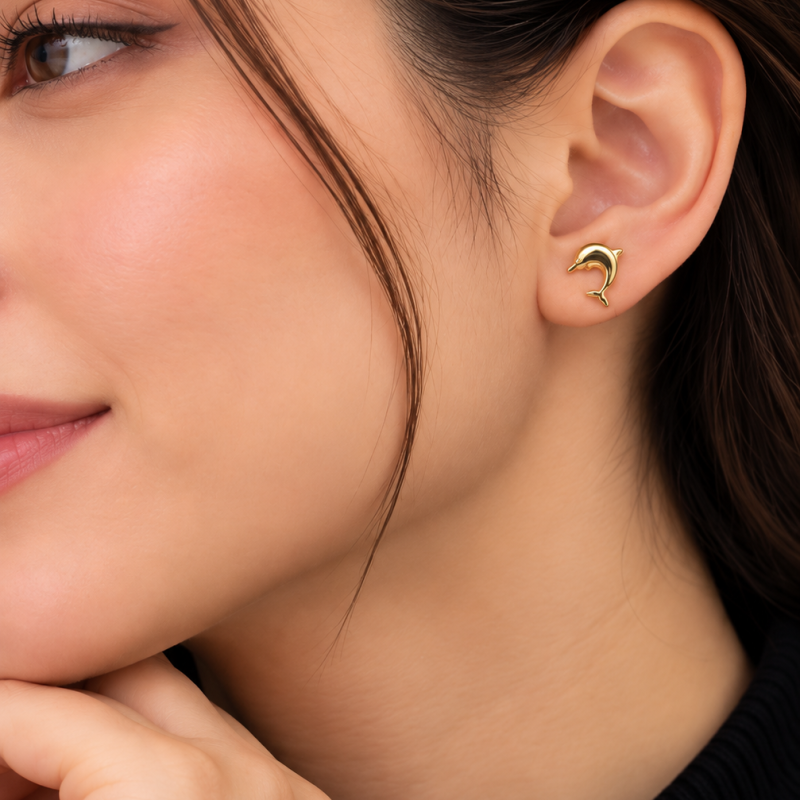 9K Dainty Gold Dolphin Stud Earrings
