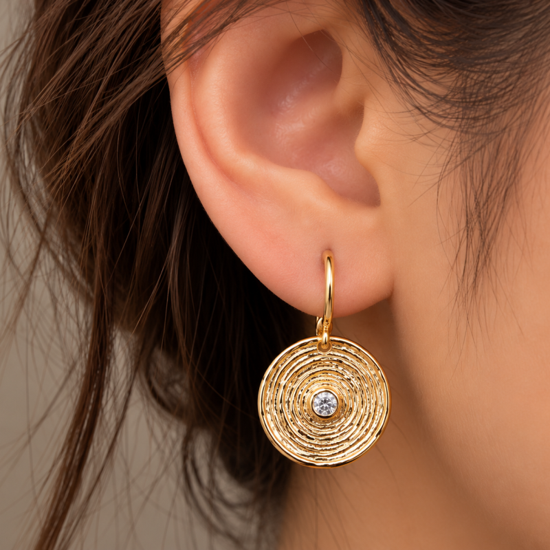 9K Textured Disc Drop Earrings