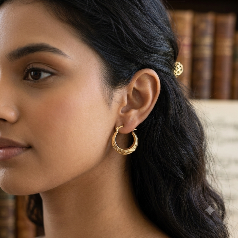 9K Dainty Gold Engraved Creole Earrings