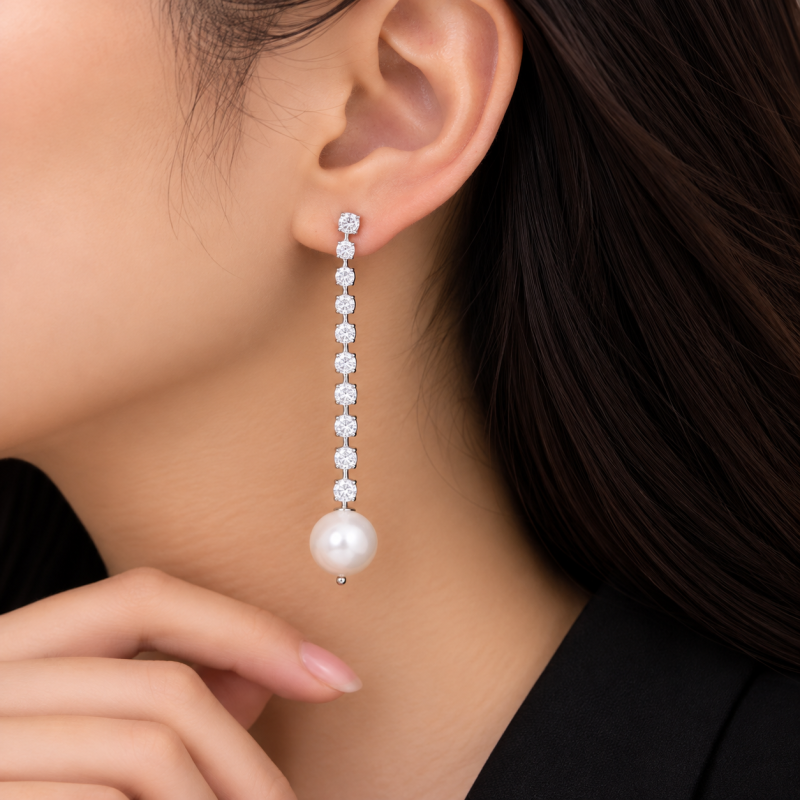 9K Pearl Korean Diamond Long Drop Earrings 1