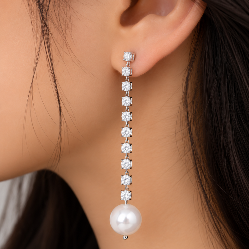 9K Pearl Korean Diamond Long Drop Earrings 5