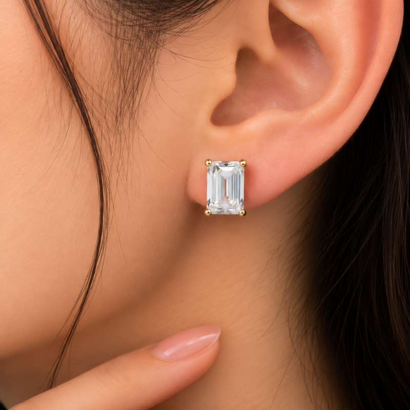 9K Emerald Cut Korean Diamond Stud Earrings