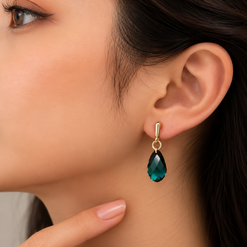 9K Gold Green Crystal Teardrop Earrings